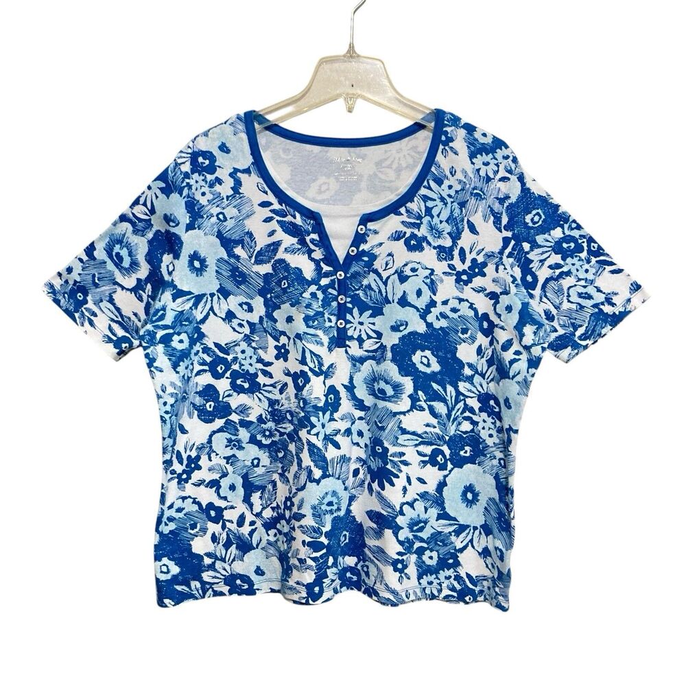 White Stag T-Shirt Top Womens XXL Turquoise White Floral Layer Look V-Neck